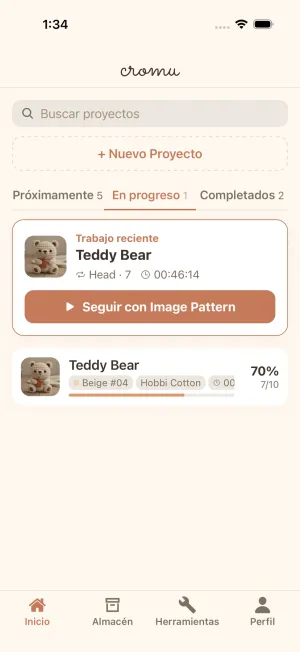 Pantalla de inicio de cromu con lista de proyectos de tejido filtrados por estado