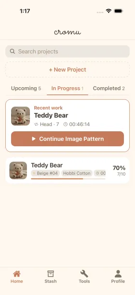 cromu crochet and knitting app home screen showing project list with counters and progress tracking