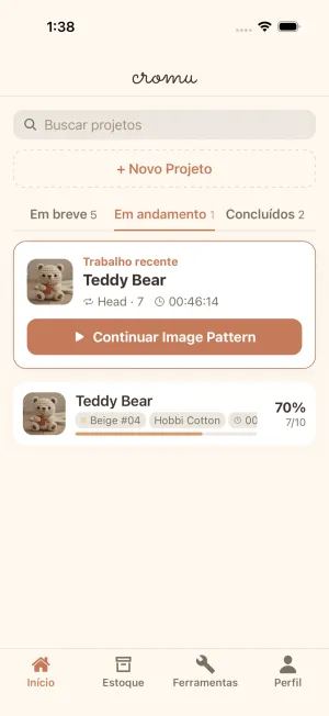 Tela inicial do cromu com lista de projetos de tricô filtrados por status