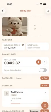 cromu uygulama proje detay görünümü — ilmek sayaçları, zamanlayıcı ve iplik bilgisi