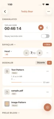 cromu uygulama proje detay görünümü — ilmek sayaçları, zamanlayıcı ve iplik bilgisi