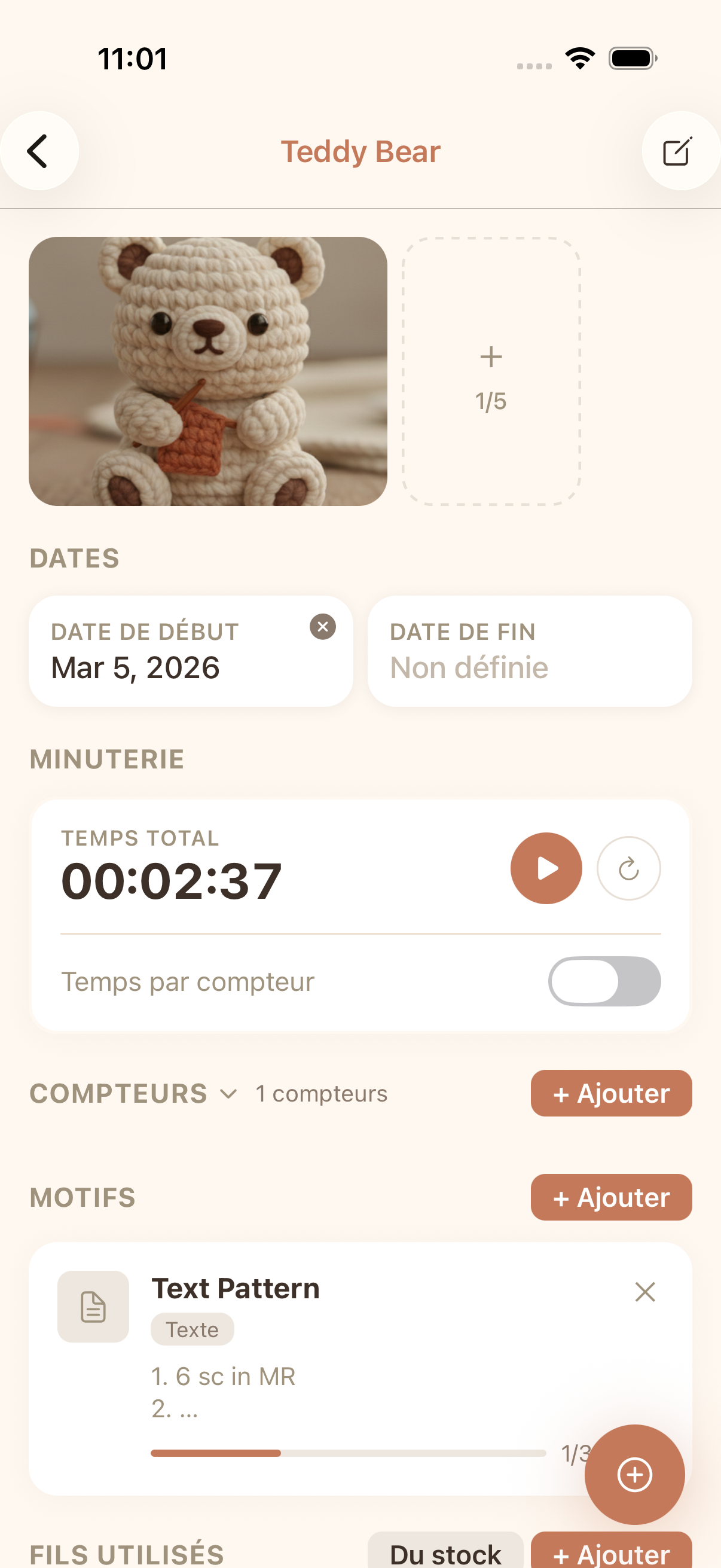 Application cromu compteur de mailles crochet avec plusieurs compteurs, barres de progression et suivi des rangs