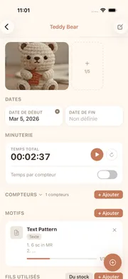 Vue détaillée de projet dans cromu avec compteurs de mailles, minuteur et info fils