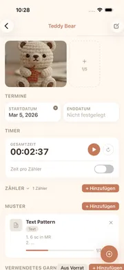 cromu App Projektdetail-Ansicht mit Maschenzähler, Timer und Garninformationen