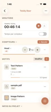 Vue détaillée de projet dans cromu avec compteurs de mailles, minuteur et info fils