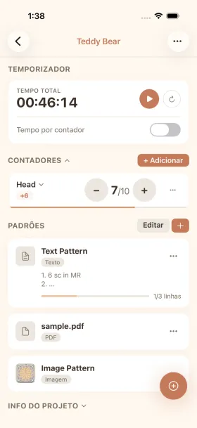 App cromu de cronômetro de artesanato mostrando rastreamento de sessões com temporizadores por contador e notificação em segundo plano