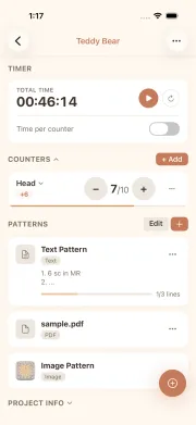 cromu app project detail view showing stitch counters, timer, and yarn info