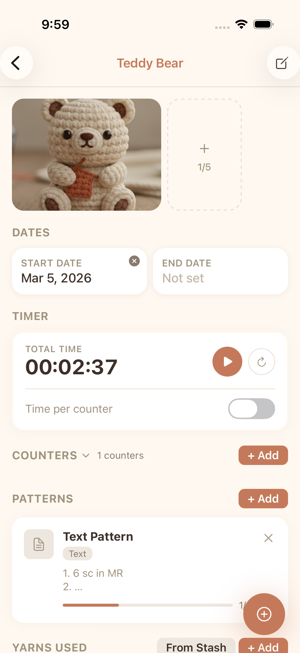 cromu crochet stitch counter app showing multiple counters with progress bars and row tracking