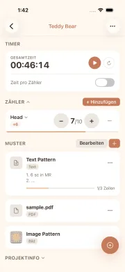 cromu App Projektdetail-Ansicht mit Maschenzähler, Timer und Garninformationen