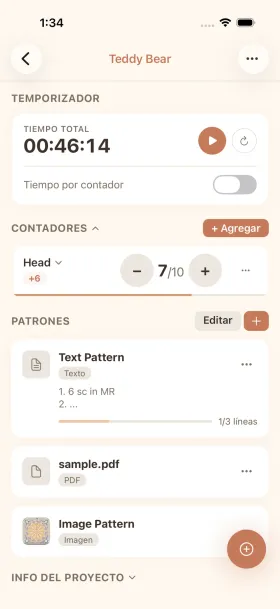 App de temporizador de tejido cromu mostrando registro de sesiones con temporizadores por contador y notificacion en segundo plano