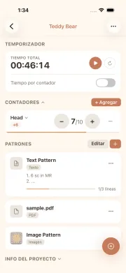 Vista de detalle de proyecto en cromu con contadores de puntos, temporizador e info de hilos