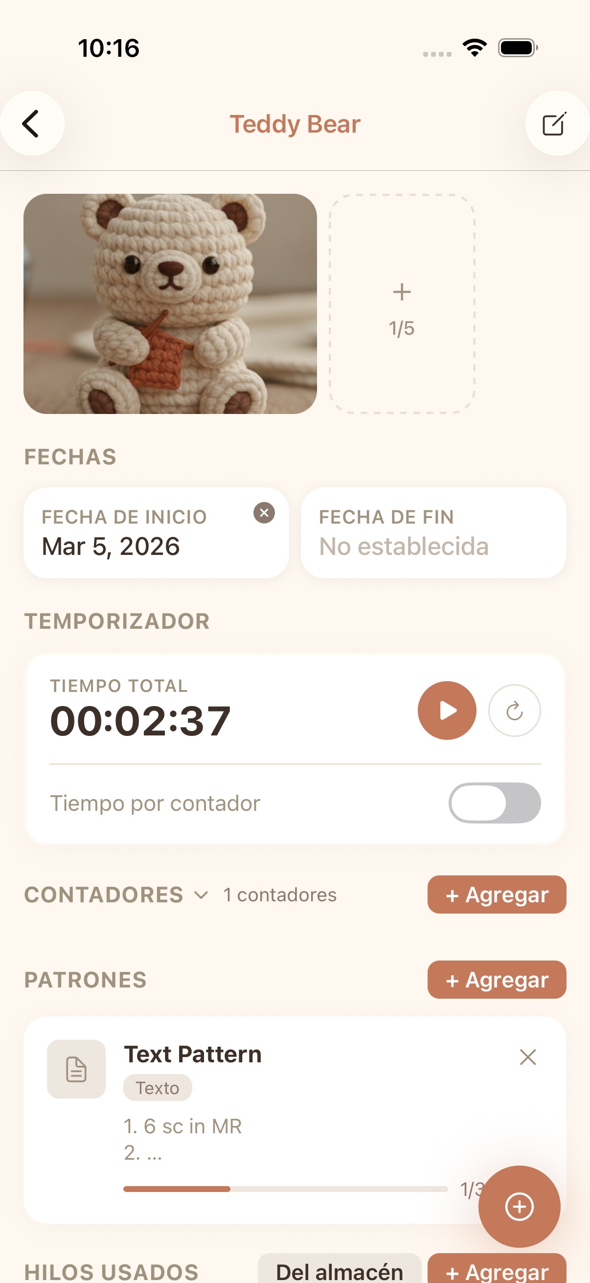 App de contador de puntos de crochet cromu mostrando multiples contadores con barras de progreso y seguimiento de filas