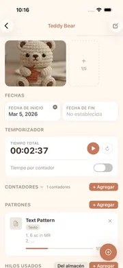 Vista de detalle de proyecto en cromu con contadores de puntos, temporizador e info de hilos