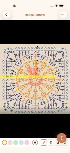 cromu crochet pattern viewer app with line-by-line text tracking and drawing overlay on image pattern