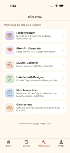 cromu Häkel-Kreativwerkzeuge mit Pixel-Art-Generator, Muster-Designer und Maschendiagramm-Designer