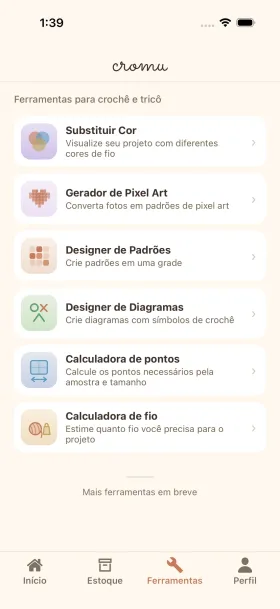 Ferramentas criativas do cromu para crochê mostrando gerador de pixel art, designer de receitas e designer de gráfico de pontos