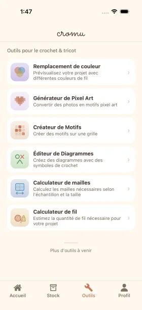 Outils créatifs cromu pour le crochet : générateur de pixel art, créateur de patrons et créateur de diagrammes