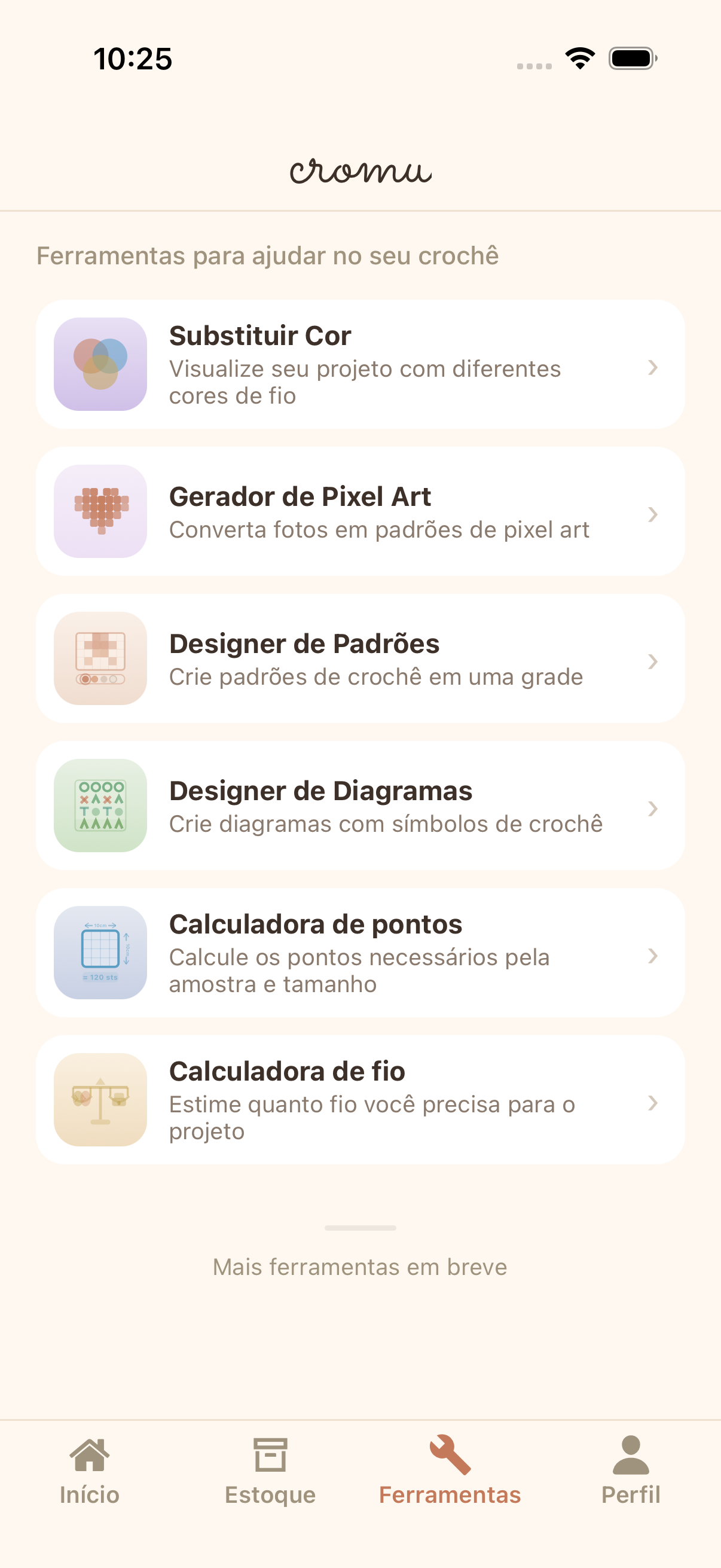 Ferramentas criativas do cromu para crochê mostrando gerador de pixel art, designer de receitas e designer de gráfico de pontos