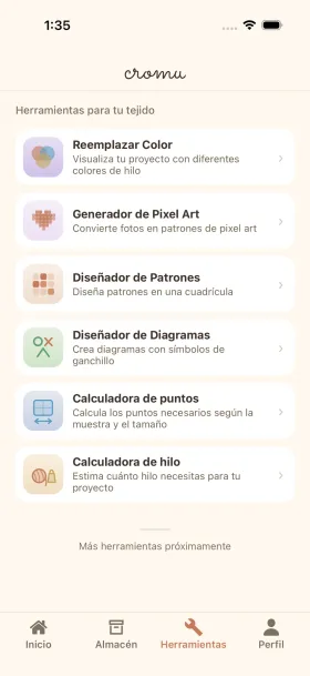 Herramientas creativas de crochet cromu mostrando generador de pixel art, disenador de patrones y disenador de diagramas de puntos