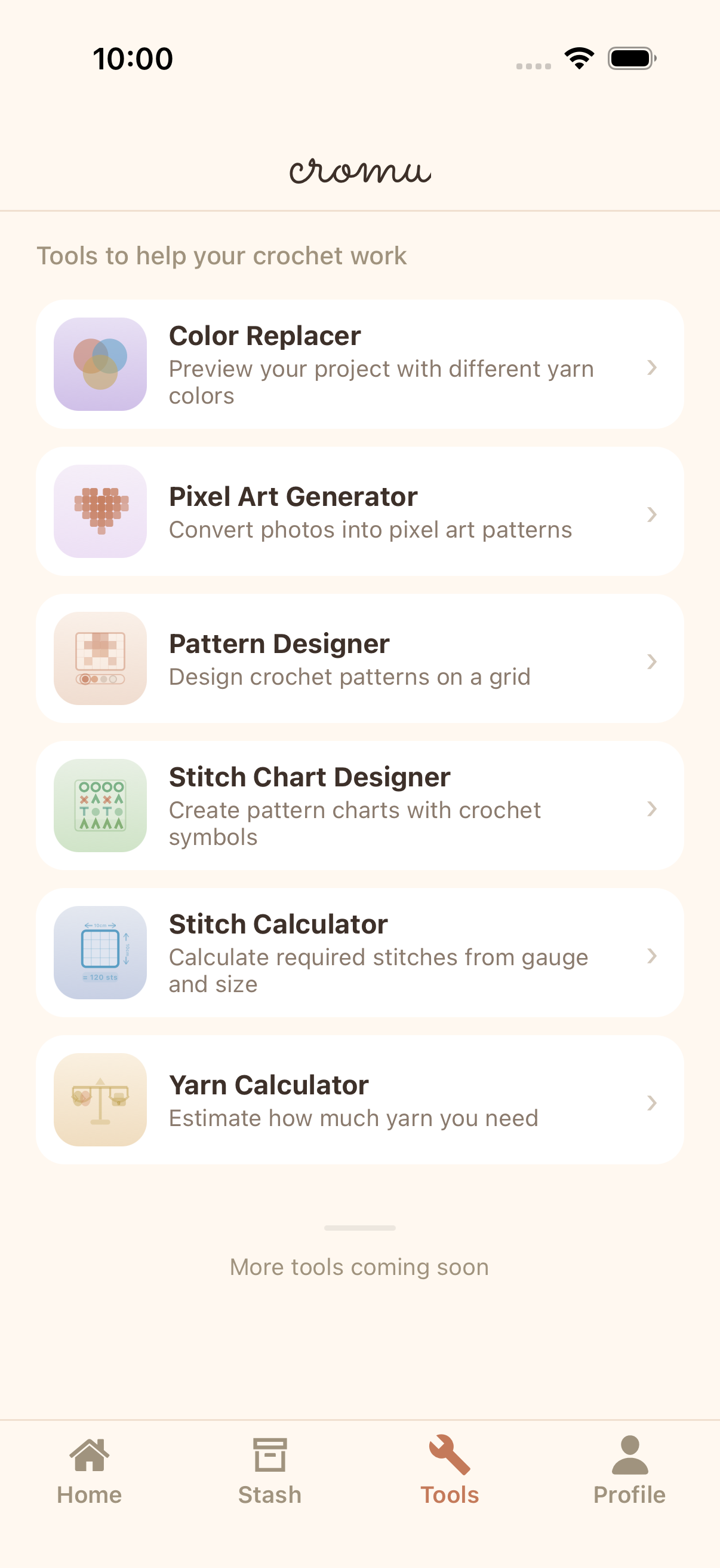 cromu crochet creative tools showing pixel art generator, pattern designer, and stitch chart designer
