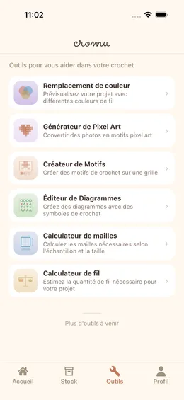 Outils créatifs de cromu incluant générateur de pixel art et concepteur de motifs