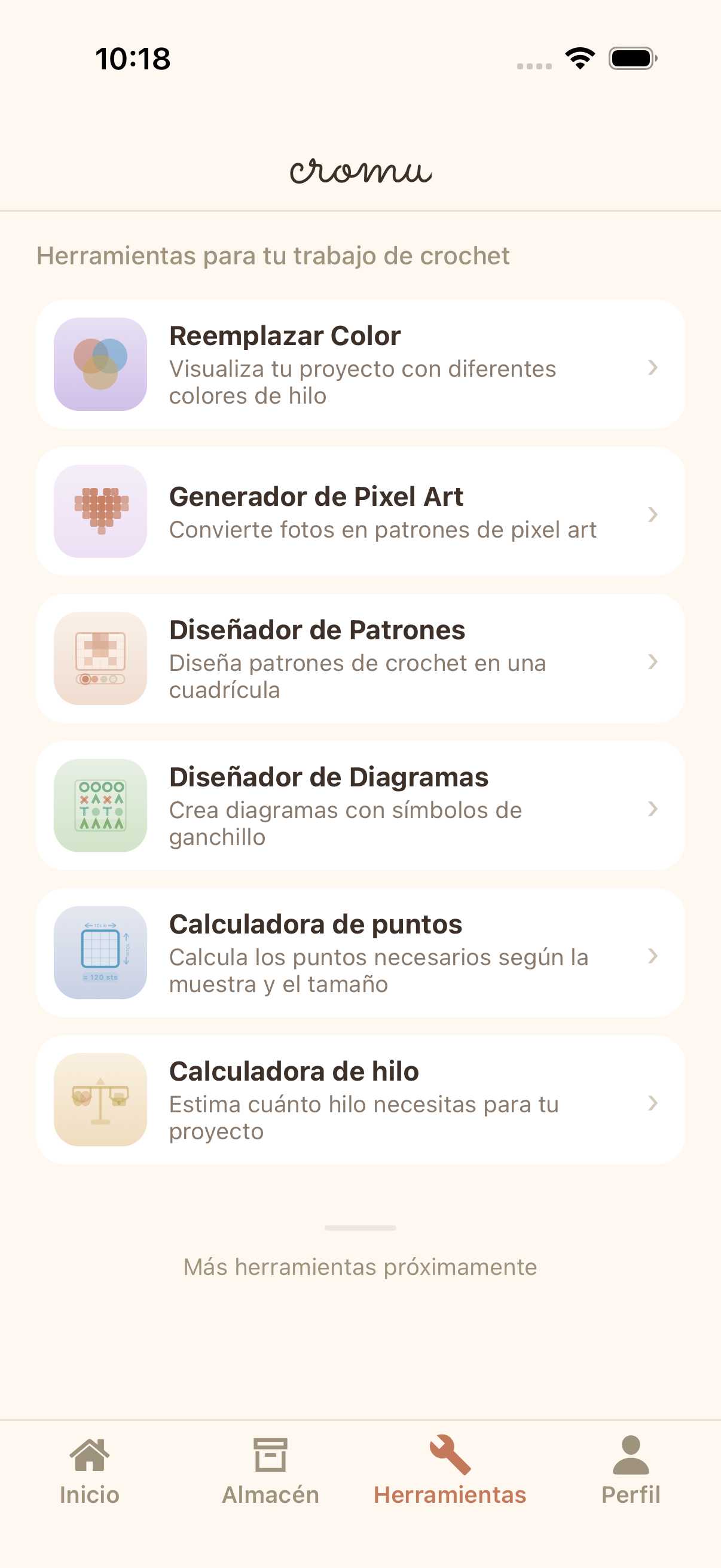 Herramientas creativas de crochet cromu mostrando generador de pixel art, disenador de patrones y disenador de diagramas de puntos
