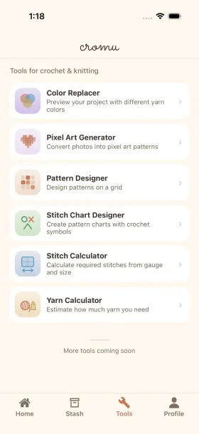 cromu crochet creative tools showing pixel art generator, pattern designer, and stitch chart designer