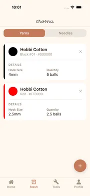 cromu app yarn and needle stash inventory management screen