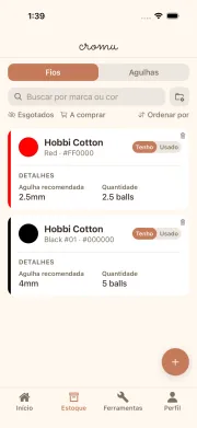 Tela de gestão de estoque de fios e agulhas no cromu