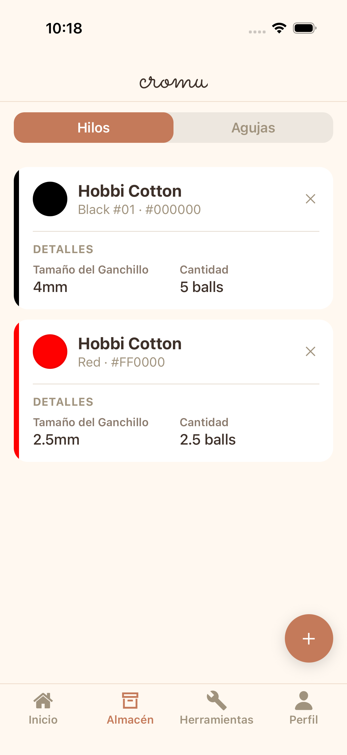 App de gestion de inventario de hilos cromu mostrando coleccion de lanas con colores, grosores y coleccion de agujas