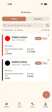 cromu app yarn and needle stash inventory management screen