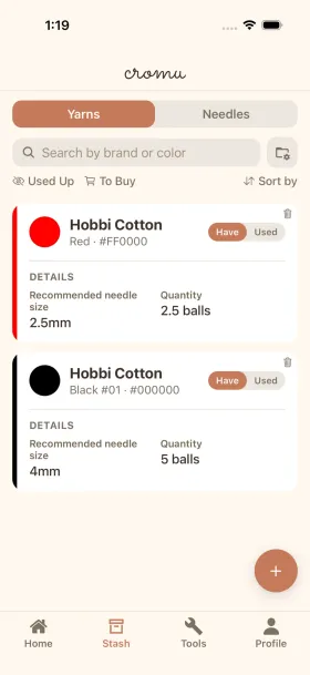 cromu yarn stash management app showing yarn inventory with colors, weights, and needle collection