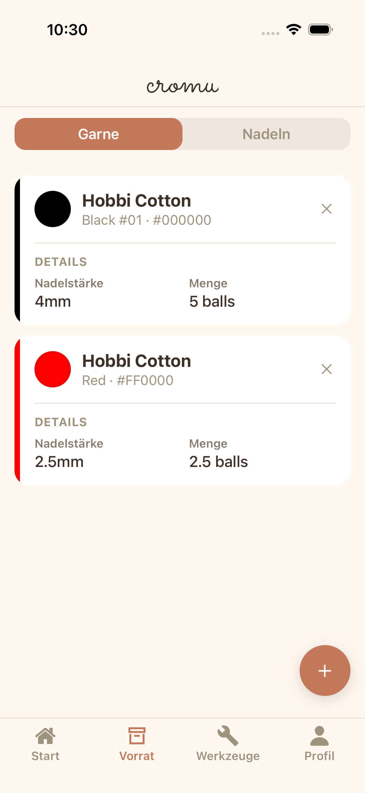 cromu Garn-Vorrat-Verwaltungs App mit Garninventar mit Farben, Gewichten und Nadelsammlung
