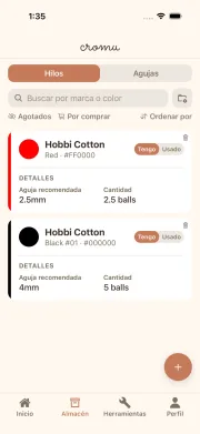 Pantalla de gestión de inventario de hilos y agujas en cromu
