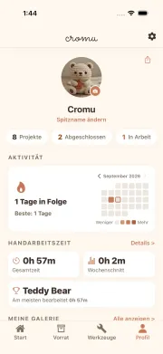 cromu App Profilansicht mit Aktivitäts-Heatmap und Handarbeitsstatistiken