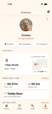 cromu app profile screen with activity heatmap and crafting statistics