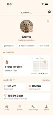 cromu App Profilansicht mit Aktivitäts-Heatmap und Handarbeitsstatistiken