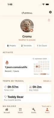 Écran de profil cromu avec carte d'activité et statistiques de tricot