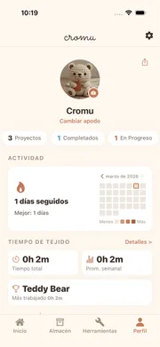 Pantalla de perfil de cromu con mapa de actividad y estadísticas de tejido