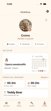 Écran de profil cromu avec carte d'activité et statistiques de tricot