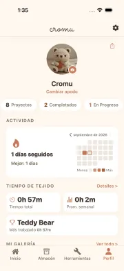 Pantalla de perfil de cromu con mapa de actividad y estadísticas de tejido