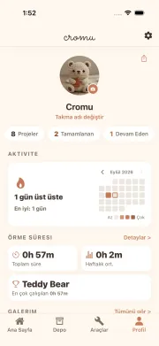 cromu uygulama profil ekranı — aktivite haritası ve örgü istatistikleri