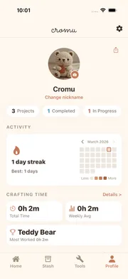 cromu app profile screen with activity heatmap and crafting statistics