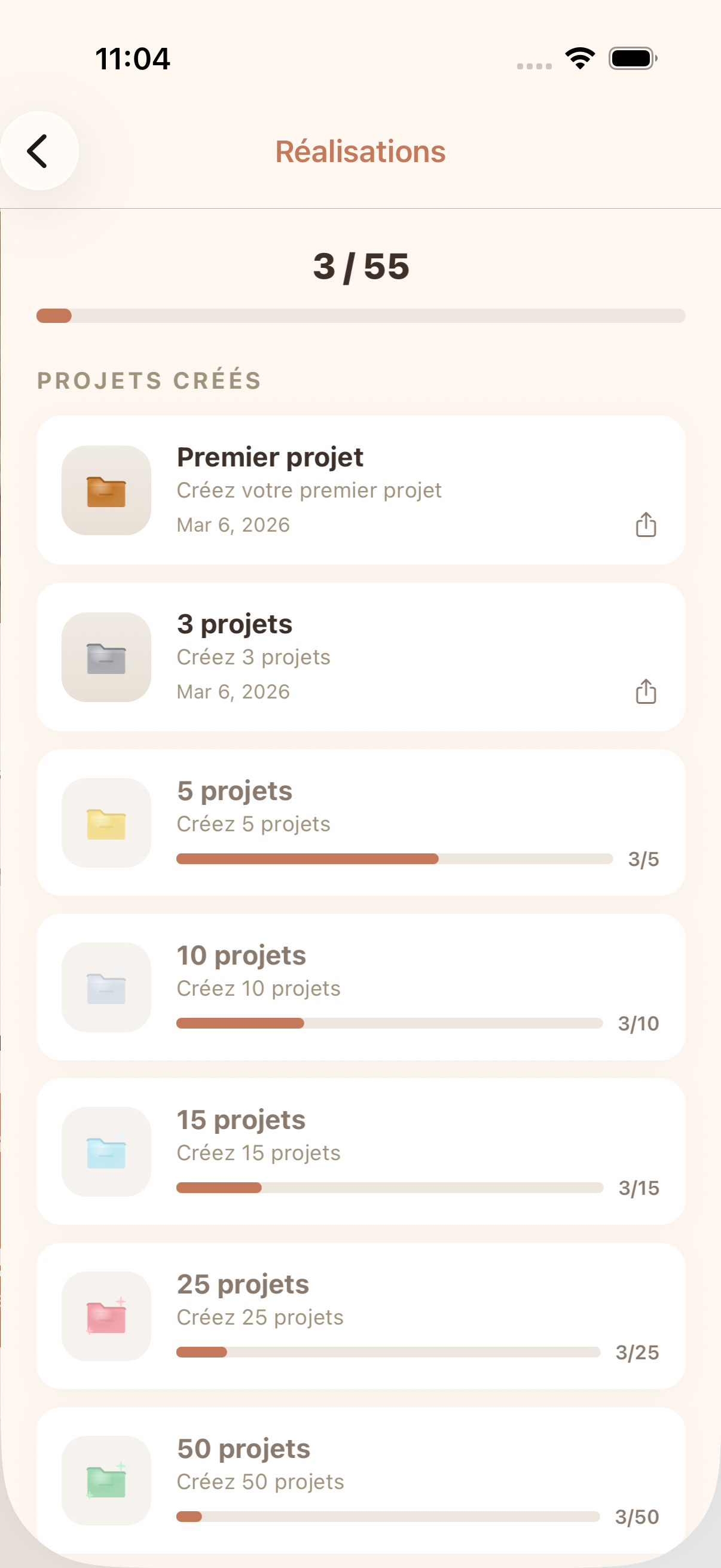 Application cromu suivi crochet avec badges de succès, carte thermique d'activité et statistiques de création
