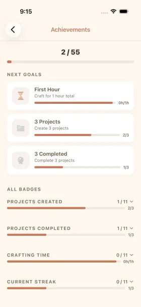 cromu crochet tracker app showing achievement badges, activity heatmap, and crafting statistics