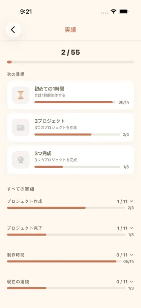 cromu 編み物トラッカーアプリ — 実績バッジ、アクティビティヒートマップ、作業統計画面