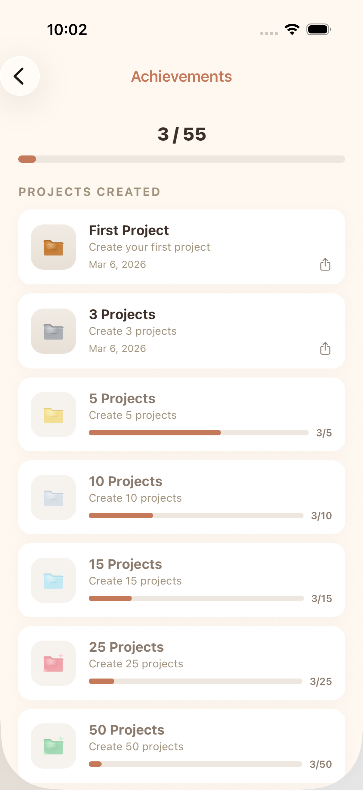 cromu crochet tracker app showing achievement badges, activity heatmap, and crafting statistics