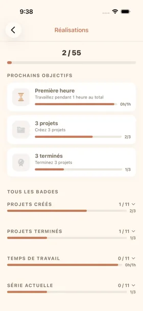 Application cromu suivi crochet avec badges de succès, carte thermique d'activité et statistiques de création