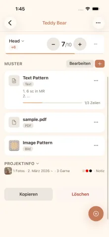 Projektinfo-Bereich der cromu App, eingeklappt und ausgeklappt