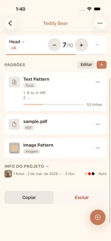 Painel de informações do projeto no app cromu, recolhido e expandido